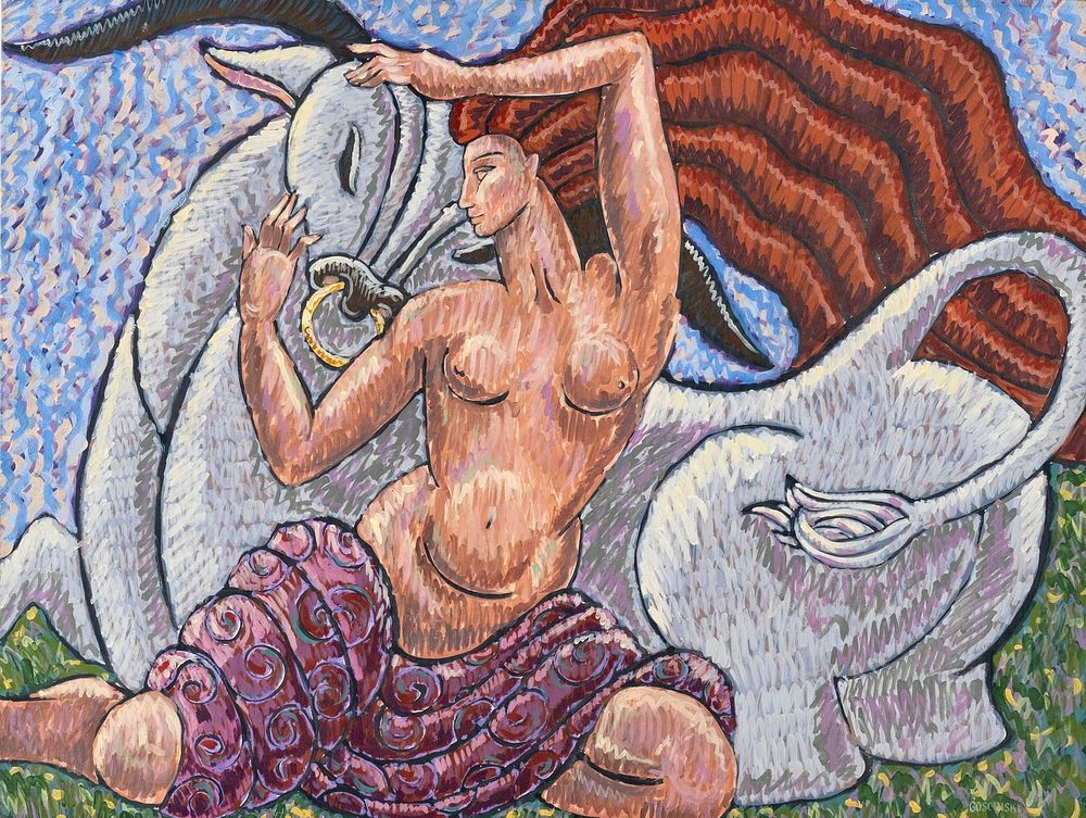 Lot 596: Goscinski Woman with Bull Oil on Canvas Painting, Signed - No Reserve