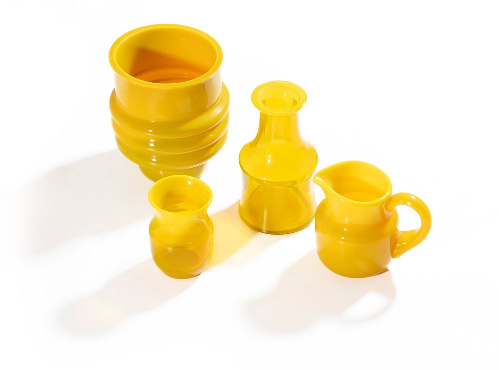 Lot 611: Erik Hoglund for Boda Glasbruk Yellow Art Glass Vases and Pitcher, Four Pieces - No Reserve