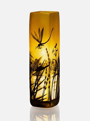Emile Galle Signed Art Nouveau Multilayer Art Cameo Glass Dragonfly Vase - No Reserve. Keywords: 