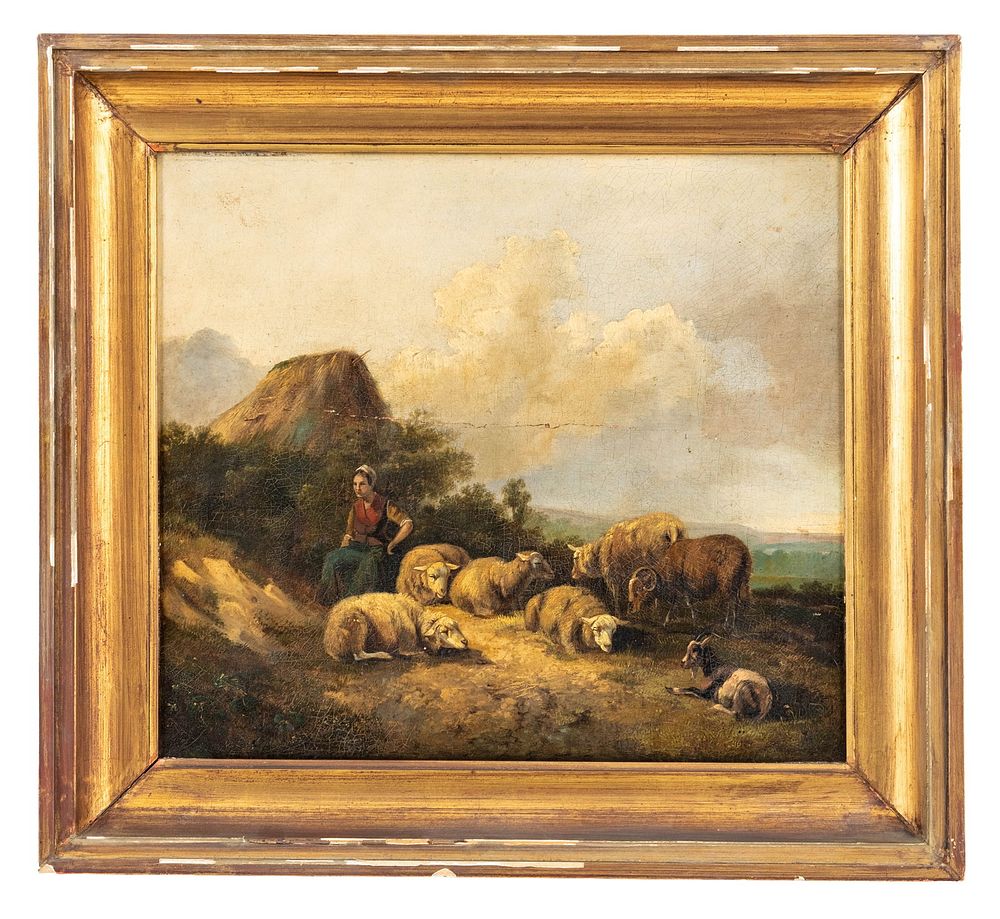Lot 627: Circle of Eugene Joseph Verboeckhoven, Shepherd With Sheep Flock Painting - No Reserve