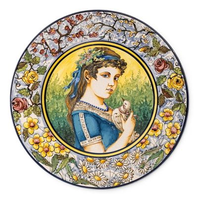 Italian 19-inch Art Nouveau Hand-Painted Ceramic Spring Maiden Charger, Monogram Signed, Circa 1940