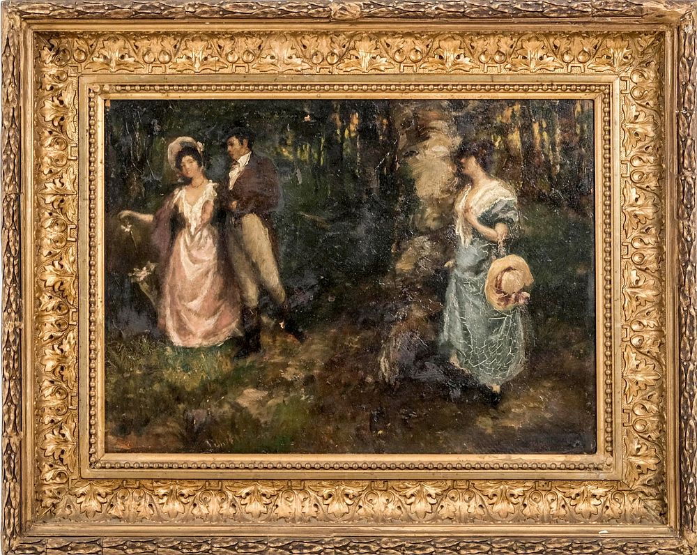 Lot 659: Miklos Mihalovits, The Promenade, Signed Oil on Cardboard Painting, Circa 1918 - No Reserve