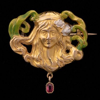 Art Nouveau French Enamel on 18K Gold Brooch with Ruby, Circa 1900 - No Reserve. Keywords: Art 