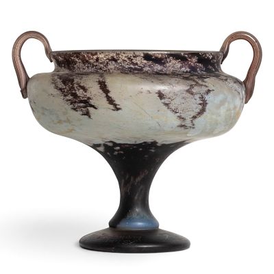 Daum Nancy Signed French Art Nouveau Art Glass Footed Tazza with Handles - No Reserve. Keywords: 