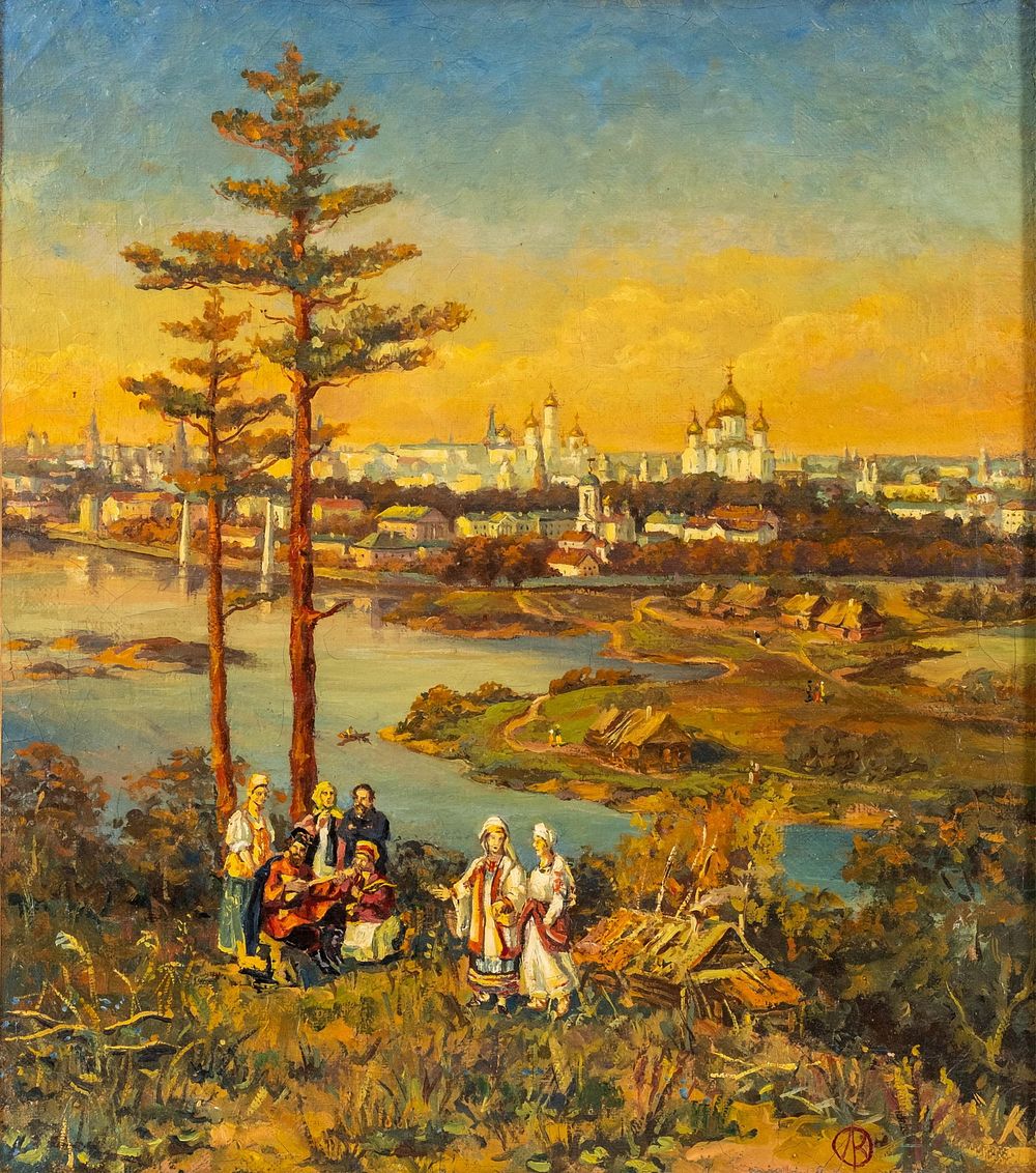 Lot 675: V. E. Orlov Russian School Cityscape Oil on Canvas Painting, Signed with Monogram - No Reserve