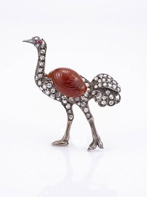 Antique Diamond, Carved Carnelian and Ruby Ostrich Brooch - No Reserve. Keywords: Antique Brooch 