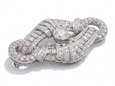 French Art Deco 18K Natural Diamond Brooch with Center Diamond, Circa 1930. Keywords: art deco 
