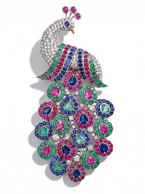 Peacock Brooch in 14K Gold and Silver with Emeralds, Sapphires, Rubies and Diamonds. Keywords: 
