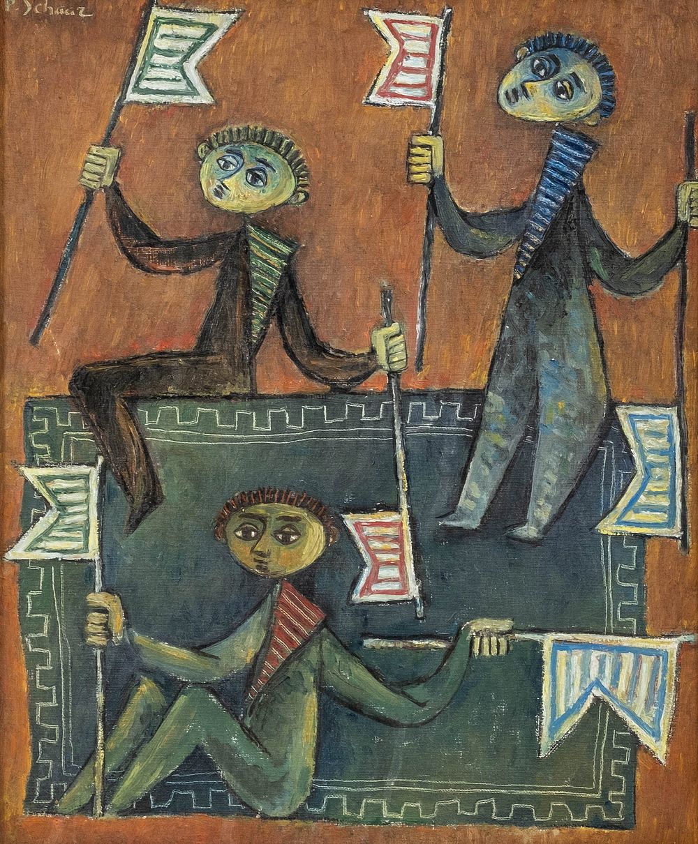 Lot 695: Pinchas Shaar Signed 1955 Figural Oil on Canvas Painting - No Reserve