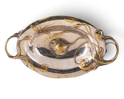 WMF Signed Art Nouveau Silver-Plated and Gilt Serving Tray with Dragonfly. Keywords: German, Art 
