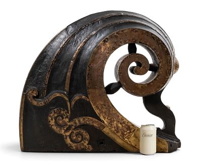 Asian Ceremonial 19th Century Carved Boat Prow with Brass Overlay. Keywords: Boat Prow 