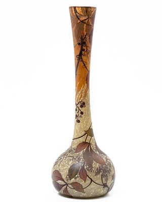 Legras Signed Tall Etched and Enamel Decorated Art Deco Nouveau Glass Vase. Keywords: Art 