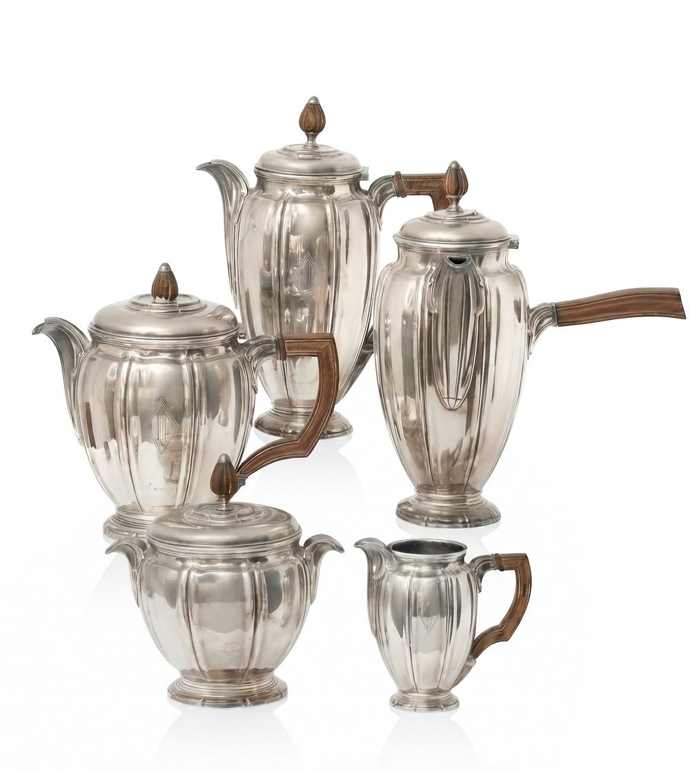 Lot 732: Boulenger French 5-Piece Silver Plate Tea Coffee Chocolate Service Art Deco, Circa 1935 - No Reserve