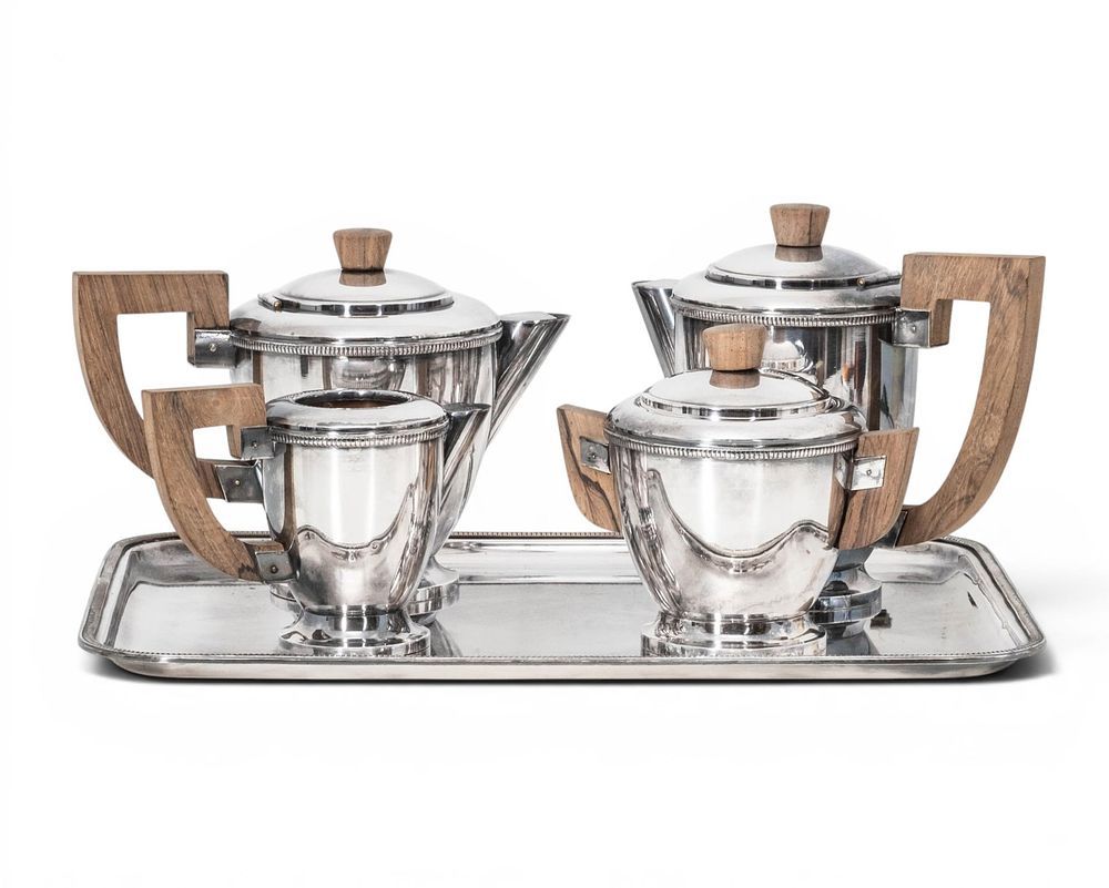 Lot 733: French Art Deco Silver Plate Five Piece Tea Set Including Tray, Circa 1925 - No Reserve