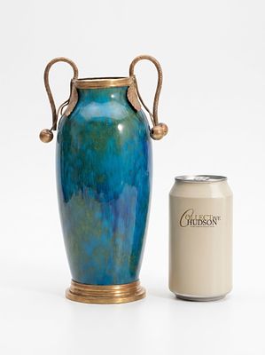 Sevres Signed Art Nouveau Blue-Green Glazed Ceramic Vase with Gilt Bronze Mounts. Keywords: 
