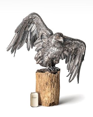 Mario Buccellati (attrib) Italy 800 Silver Eagle Sculpture on Petrified Wood, Signed - No Reserve. 