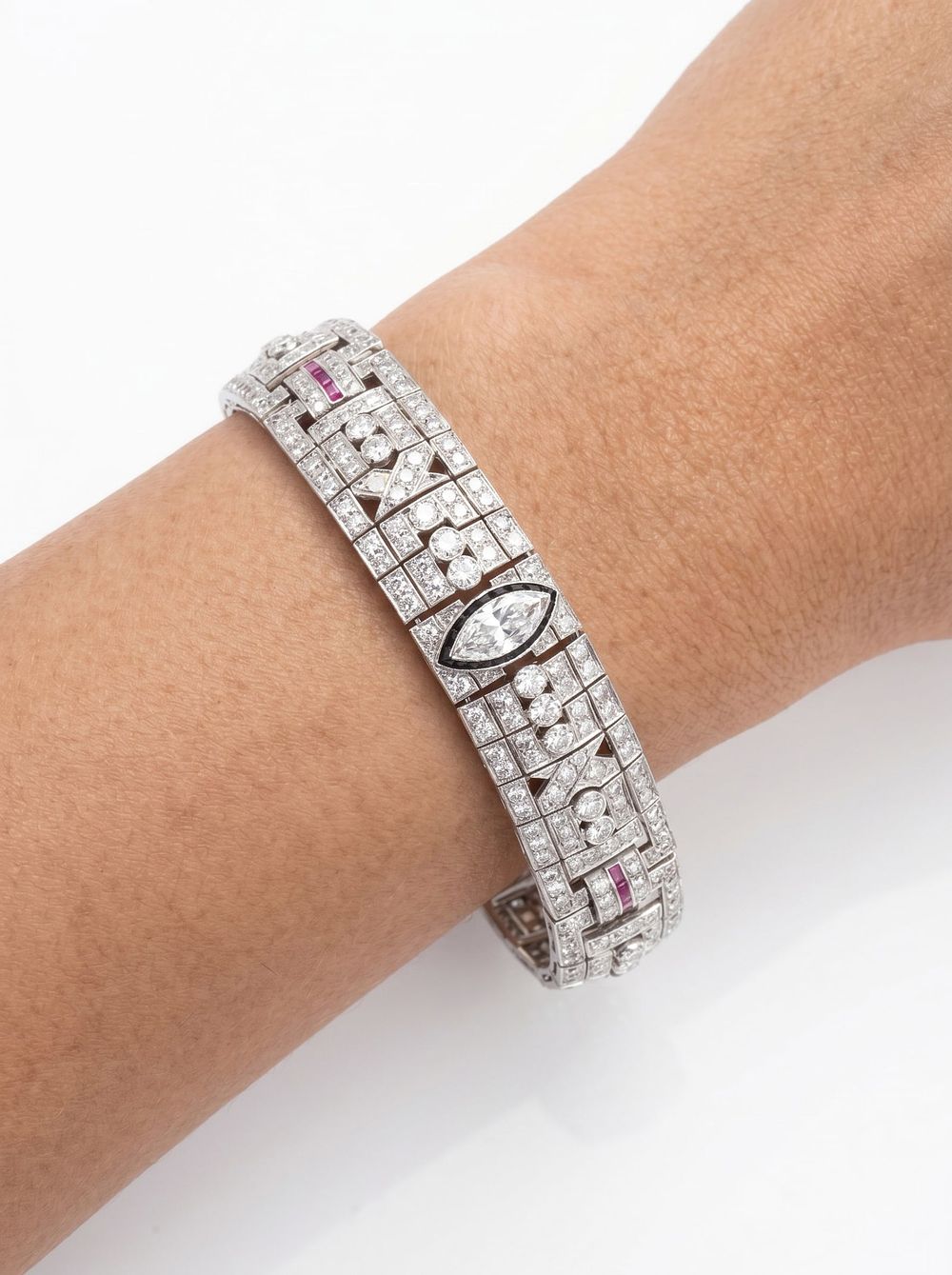 Lot 757: French Art Deco Platinum Diamond Bracelet, Ruby and Onyx Accents, 1930s