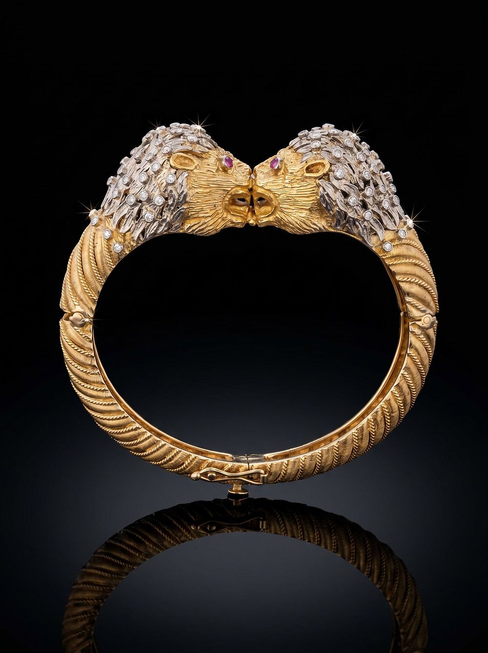 Lot 762: Ilias Lalaounis 18K Two Tone Gold Diamond Ruby Bangle Chimera Bracelet, Signed