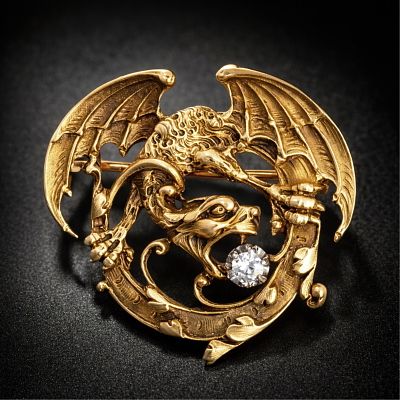 French Circa 1900 18K Yellow Gold Openwork Chimera Brooch Pendant. Keywords: French jewelry 