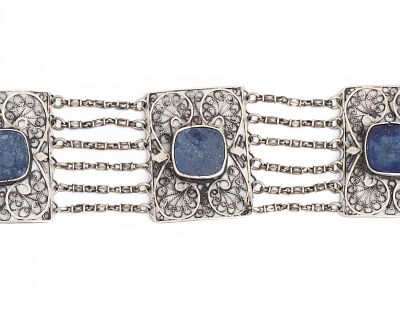 Palestine Silver Filigree Blue Stone 3 Panel Bracelet Marked - No Reserve. Keywords: Cushion 