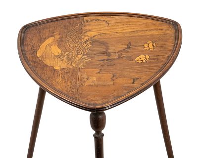 Emile Galle Marquetry Tripod Side Table, Signed, Art Nouveau, Nancy, Late 19th Century. Keywords: 