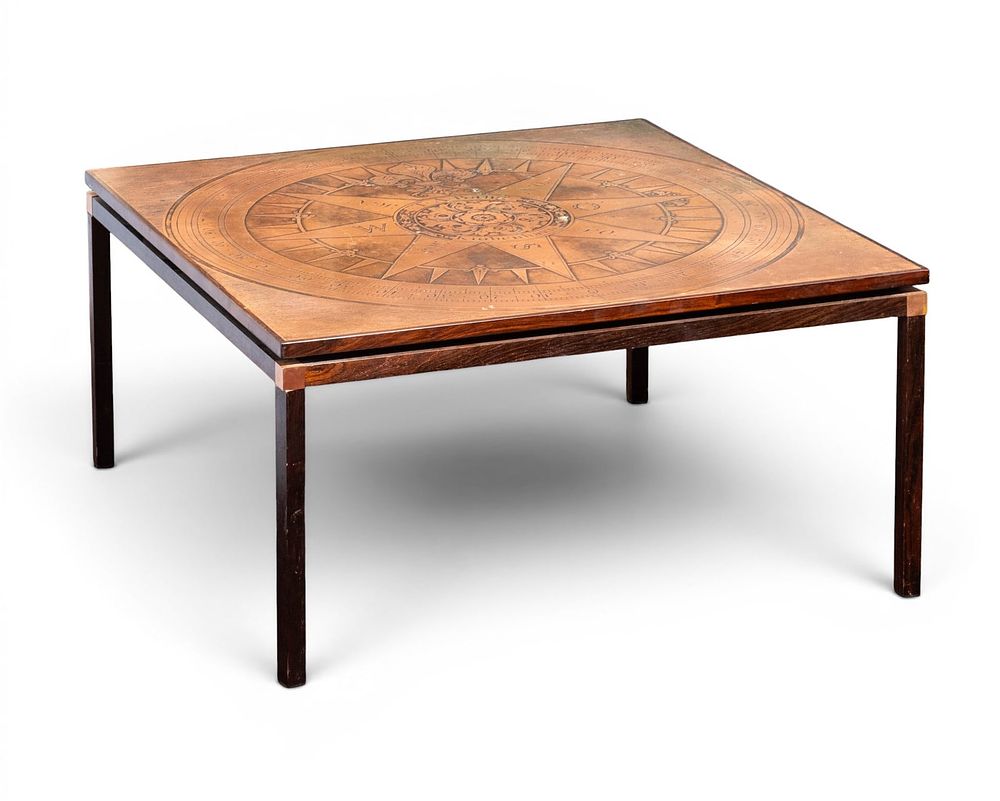 Lot 845: John Morkegaard (attrib) Danish Brass Compass Rose Coffee Table with T. A. Bang Compass Card