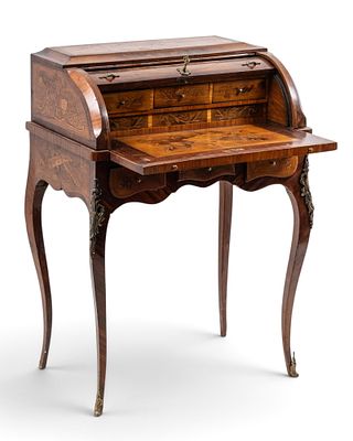 French Louis XV Style Inlaid Cylinder Roll Top Desk 19th Century - No Reserve. Keywords: Floral 