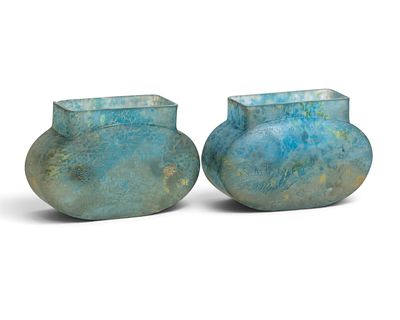 Pair Daum Nancy Signed Art Deco Mottled Glass Planters, Circa 1930. Keywords: French Art Glass 