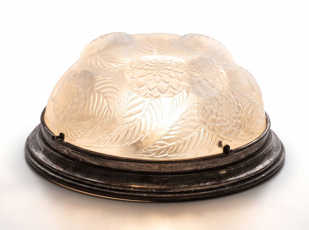 Lot 903: Rene Lalique 'Dahlias' Art Deco Frosted Glass Ceiling Light, Model 3210, Signed - No Reserve