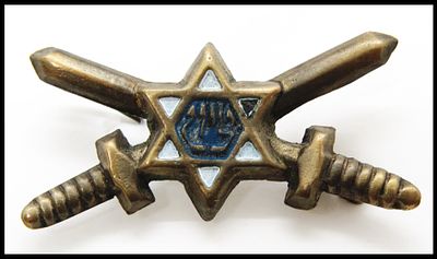 סיכה סמל "ציון" עם חרבות מוצלבות , תקופת היישוב מצופה אמייל חרבות ומגן דוד בתוכו המילה ציון 