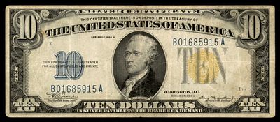 שטר כסף אמריקאי נדיר מסוג תעודת כסף (Silver Certificate) בסך 10 דולר, סדרת 1934A, שהונפק 