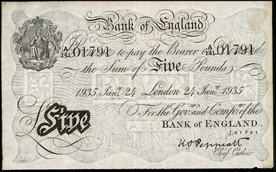 "מבצע ברנהרד" שטר על סך 5 פאונד , זיוף נאצי מימי מלחמת העולם השניה, שטרות הכסף המזויפים הודפסו 
