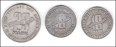 זיופים של מטבעות גטו לודז' 10 +20 מארק ליצמנשטט LITZMANNSTADT 10+20 MARK QUITTUNG ÜBER - כסף 