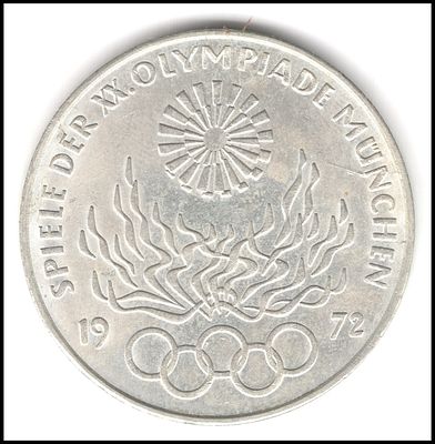 מטבע 15.70 גרם כסף 625 , גרמניה 10 מארק, 1972 המשחקים האולימפיים מינכן 1972 , סימן מטבעה: "D" - 