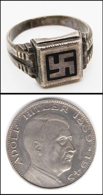 מטבע ניקל גרמני נאצי אדולף היטלר - 16.30 גרם 
טבעת אמייל נאצית עשויה מכסף 8.61 גרם חתום .