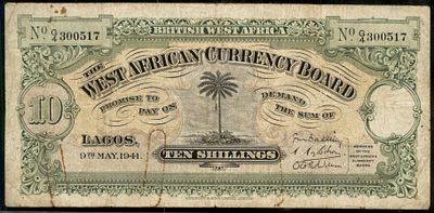 שטר כסף של 10 שילינג של מועצת המטבע של מערב אפריקה (West African Currency Board), שהונפק ב-9 