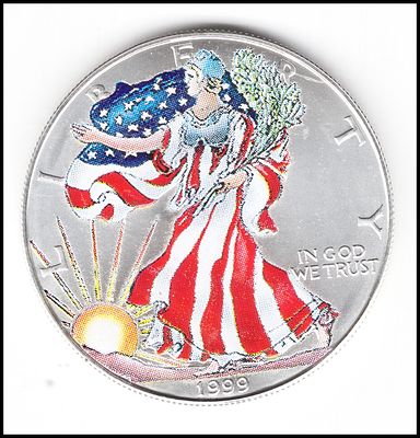 מטבע דולר כסף אמריקאי 31 גרם מטבע כסף אונקיה , 1999 Silver American Eagle Colorized , 1999 