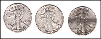 3 מטבעות חצי דולר 90% כסף "Walking Liberty" שהוטבעו בארצות הברית מהשנים 1940 ל-1947 משקל סה"כ 