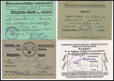 4 תעודות חבר כולל כרטיס ליגת המורים הנאציסטית, 
ליגת המורים הנאצית-סוציאליסטית (NSLB) משנת 