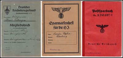 3 תעודות חבר / פנקסי חסכון גרמניה הנאצית כמפורט :. תעודת חברות של ליגת ותיקי המלחמה הגרמנית 