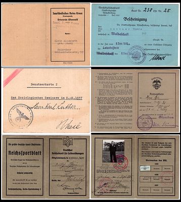 6 כרטיסי חבר אישורים מתקופת גרמניה הנאצית כמפורט : . כרטיס השתתפות בקורס של איגוד ההגנה האווירית 