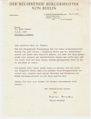 מכתב תודה רשמי שנשלח על ידי ווילי ברנדט, ראש עיריית ברלין דאז 1963 , לד"ר הנס טראמר על ספר ששלח לו.
