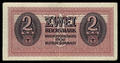 Germany Third Reich Zwei 2 Reichsmark 1942 Deutsche Wehrmacht M37 VF שטר 2 מארק של הוורמאכט 