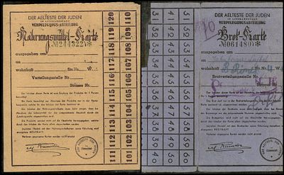 2 כרטיסי קיצוב ליהודים בזמן השואה 1941 כרטיס מצרכים תלושים לקבלת חלב ולחם , גטו ליצמנשטאט, זקן 