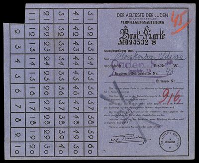 השואה כרטיס הקצבת מזון (כרטיס לחם) שהונפקה בגטו לודז' (ליצמנשטט) על ידי "זקן היהודים" 