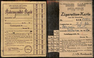 2 תלושים עבור היהודים בגטו בזמן השואה תלוש לסיגריות ותלוש לקבלת חלב . כרטיס זכאות לקבלת סיגריות 