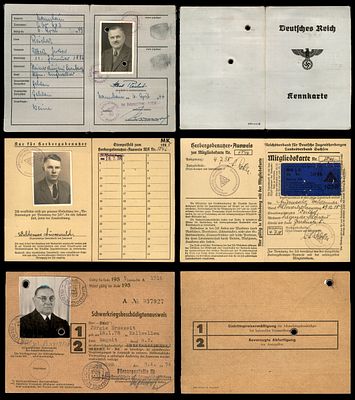 שלושה כרטיסי זיהוי תעודות חבר . גרמניה הנאצית ולאחריה . כמפורט. כרטיס חבר של "Reichsverband f&uuml;r 