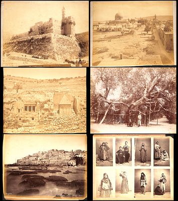 שישה תצלומים חלקם דו צדדי אמריקן קולוני ו- פליקס בונפיס . מגדל דוד , הר הבית , קבר זכריה , גת 
