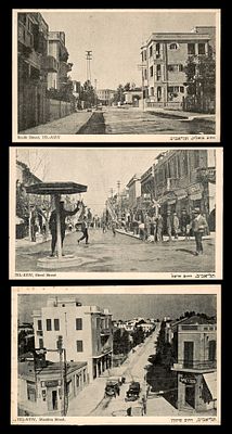 גלויות שלושה רחובות היסטוריים בתל אביב: רחוב ביאליק, רחוב הרצל ורחוב שינקין. "ספרות" ב. ברלוי 