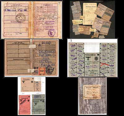 לוט פריטים מגוונים כולל כרטיסי הקצבה (Ration Cards) נאציים כרטיסים: סוכר, לחם ובשר. כרטיסי 